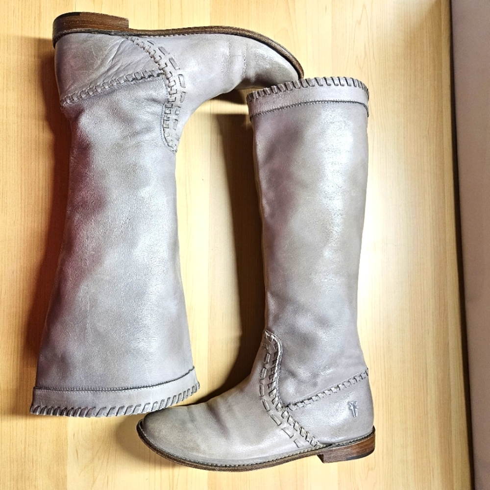 Frye Paige Tall Taupe Gray Leather Riding Boots